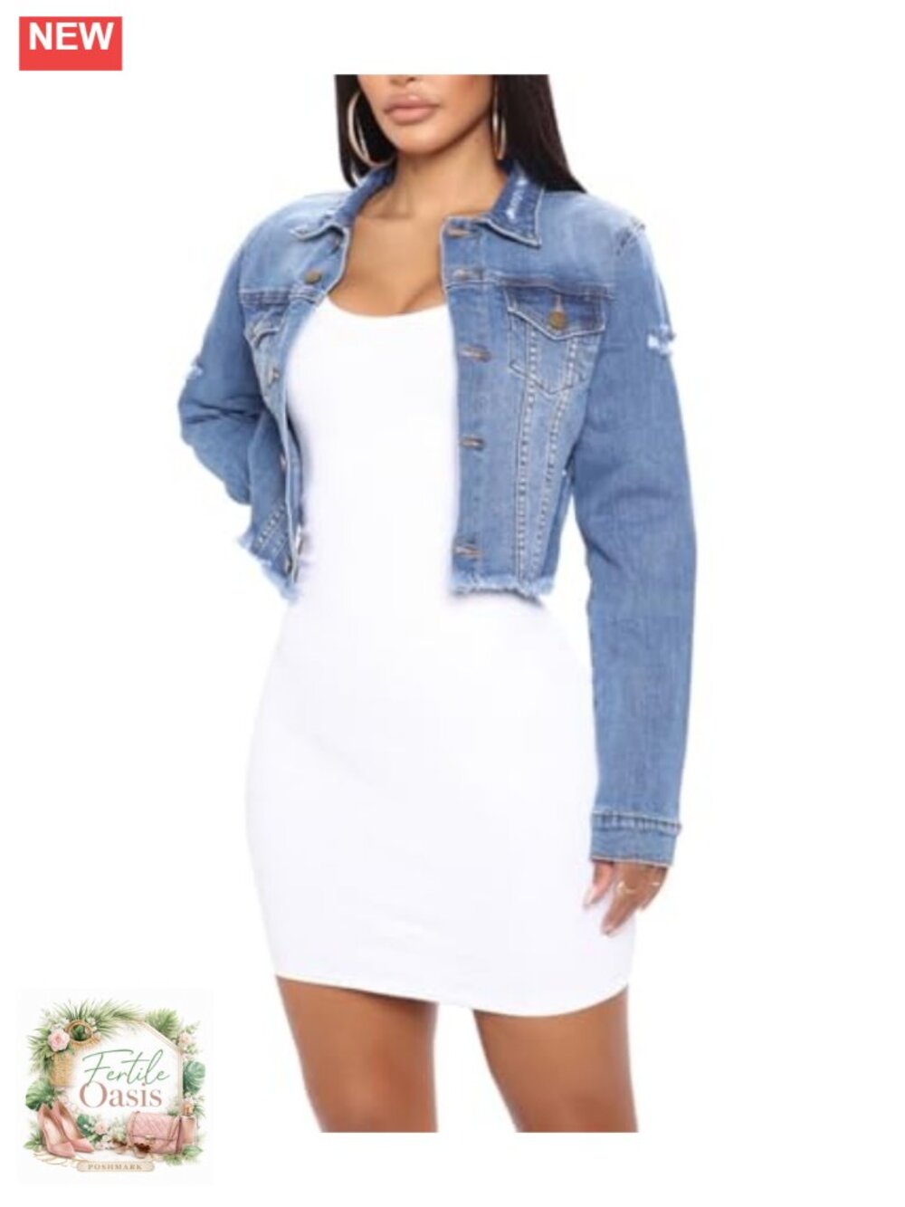 Womens Oversized Frayed Cropped Denim Jacket Distressed Long Sleeve Button Down